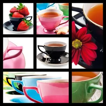 Collage of teacups in different colors Stock Photos