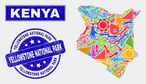 Collage Technology Kenya Map and Distress Yellowstone National Park Stamp Seal Ilustración de archivo