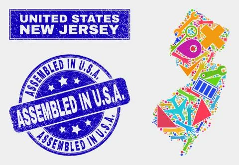 Collage Technology New Jersey State Map and Grunge Assembled in U.S.A. Watermark Stock Illustration