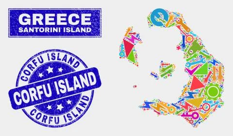 Collage Technology Santorini Island Map and Distress Corfu Island Stamp Seal Stock Illustration