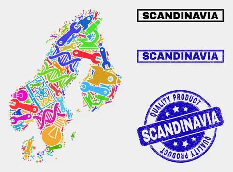 Collage of Technology Scandinavia Map and Quality Product Seal Stock Illustration