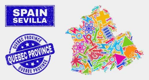 Collage Technology Sevilla Province Map and Scratched Quebec Province Stamp Stock Illustration