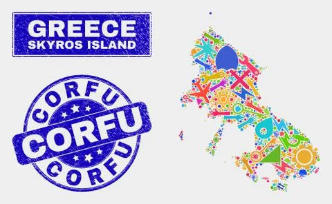 Collage Technology Skyros Island Map and Distress Corfu Watermark Stock Illustration