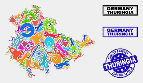 Collage of Technology Thuringia Land Map and Quality Product Stamp イラスト素材