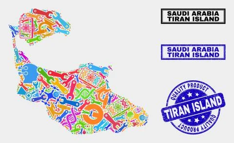 Collage of Technology Tiran Island Map and Quality Product Stamp Seal Stock Illustration