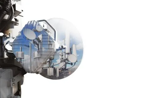 Collage of telecommunication data equipment with microwave radio antennas Stock Photos