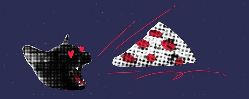 A collage on the theme of loving pizza. A cat with an open mouth. Pizza is Stock Illustration