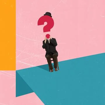 Collage of thoughtful, finding solution retro business man with question sign Stock Photos
