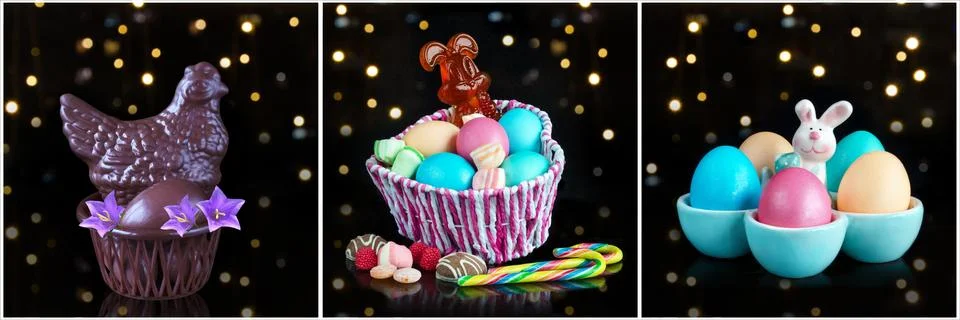 Collage of three objects with colored eggs, sweets and Easter symbols 스톡 사진
