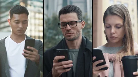 Collage of three young professionals browsing the Internet using phone and Stock Footage 145763393