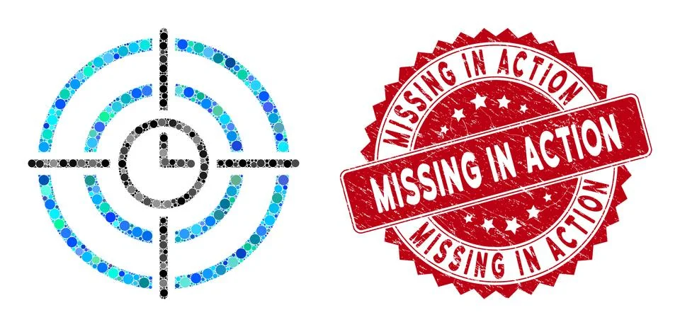 Collage Time Target with Grunge Missing in Action Stamp Stock Illustration