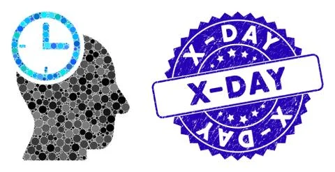 Collage Time Thinking Head Icon with Textured X-Day Stamp イラスト素材