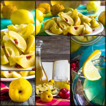 Collage tincture quince fruit apple alcohol intake Stock Photos