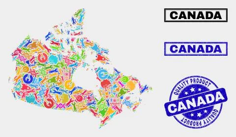 Collage of Tools Canada Map and Quality Product Stamp Seal Illustrazione stock