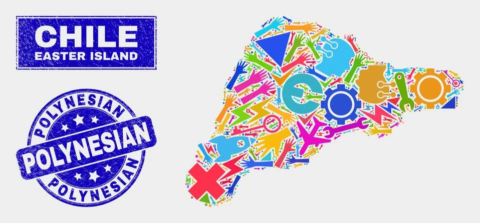 Collage Tools Easter Island Map and Grunge Polynesian Stamp Seal Stock Illustration