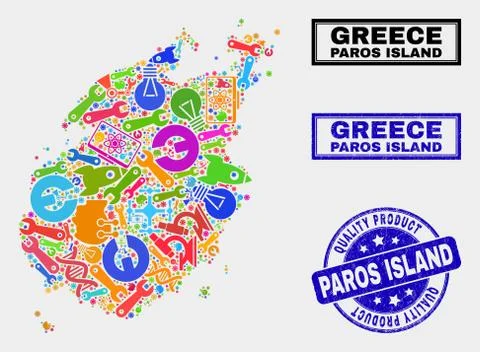 Collage of Tools Paros Island Map and Quality Product Stamp 库存插图