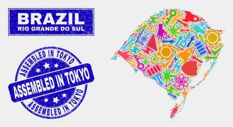 Collage Tools Rio Grande Do Sul State Map and Grunge Assembled in Tokyo Stamp Stock Illustration