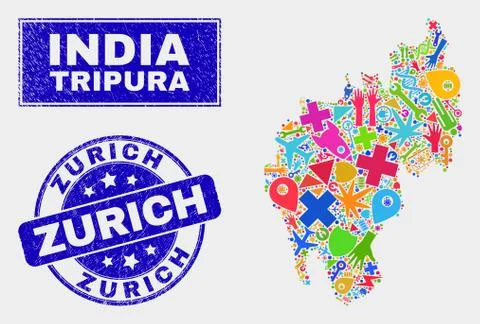 Collage Tools Tripura State Map and Distress Zurich Seal Stock Illustration