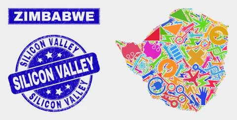 Collage Tools Zimbabwe Map and Scratched Silicon Valley Stamp Stock Illustration