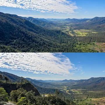 Collage From Top Of A Tropical Rainforest Down Into The Valley Stock Photos