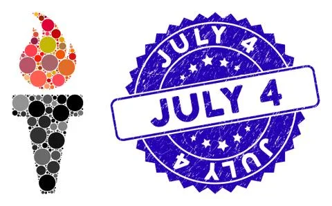 Collage Torch Fire Icon with Textured July 4 Seal 스톡 일러스트