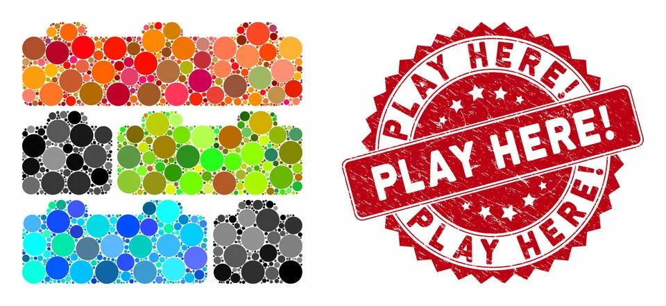 Collage Toy Constructor Bricks with Textured Play Here! Seal Ilustración de archivo