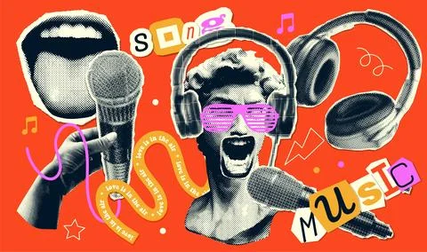 Collage of trendy halftone elements, 90s music, retro nostalgia. trendy Y2K イラスト素材