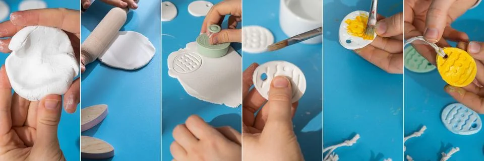 Collage tutorial Children air dry clay activity handicraft idea. DIY process 写真素材