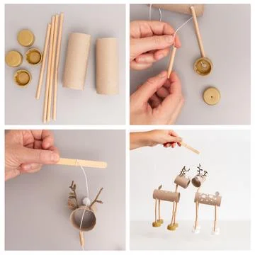 Collage tutorial on creating DIY reindeer puppets with cardboard tubes, woo.. 写真素材