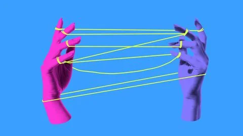 Collage of two hands tied with string pattern symbol of play communication and Stock Photos