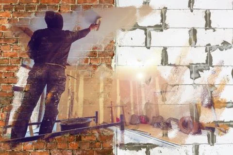 Collage from two images - Wall made from foamed concrete blocks, red bricks and Stock Photos