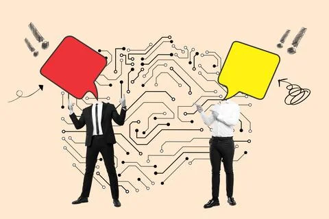 Collage of two men with colored speech bubbles on the head on a pink background Stock Illustration