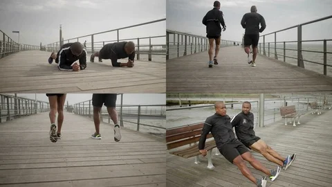 Collage of two men doing reverse pushups, plank exercise on quay Stock Footage 106192991