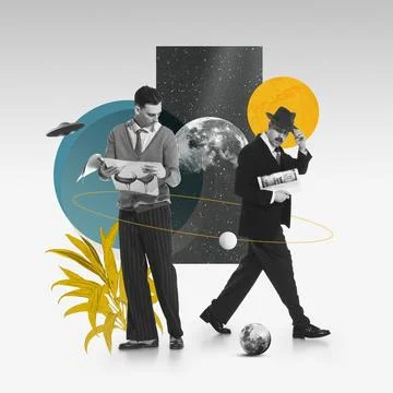 Collage with two men, one reading, plant elements, celestial bodies, geometric Stock Photos