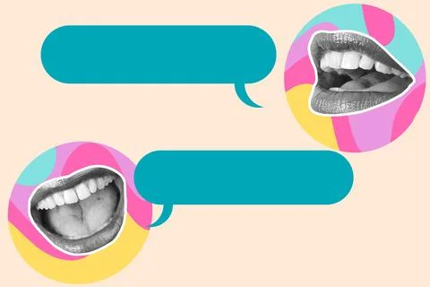 Collage of two mouths doing different gestures with blue blank speech bubbles Illustration