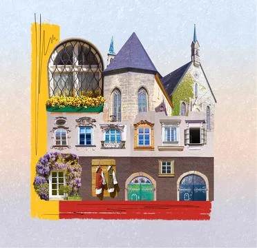Collage from typical views of a house windows in the center of Salzburg Ilustração Stock