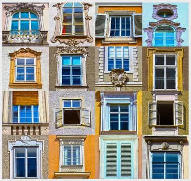Collage from typical views of a house windows in the center of Salzburg Fotos de archivo