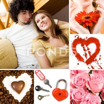 Collage of valentine day symbols and amorous people Stock Photos