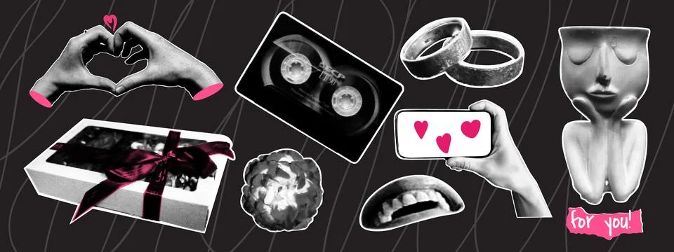 Collage Valentine's Day elements. Lips, gift, rose, cassette, ring. Retro h.. Stock Illustration