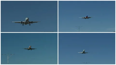 A collage of various airplanes flying through a blue sky, 4K UHD Stock Footage 61649144