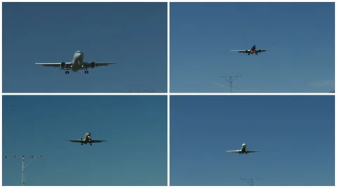 A collage of various airplanes flying through a blue sky, 4K UHD Stock Footage 61649302