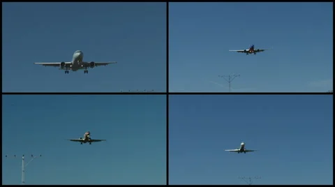 A collage of various airplanes flying through a blue sky, 4K UHD Stock Footage 61649318
