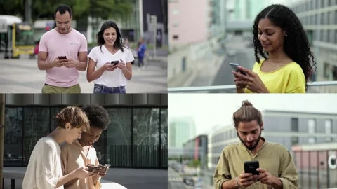 Collage of various men and women using smartphone Stock Footage 132941653