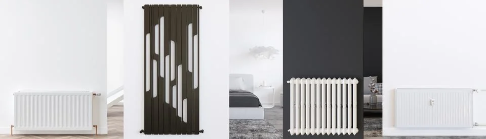 Collage with various modern heating radiators in home interior. Beautiful d.. Illustrazione stock