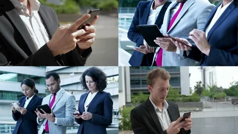 Collage of various people using mobile phone and walking Stock Footage 132943981