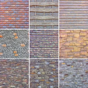 Collage of various stone textures for decorating external surfaces. Stock Photos