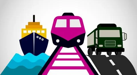 Collage of various transportation methods including ship train truck 스톡 일러스트
