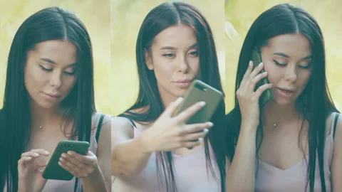 A collage from a video of a girl using a mobile phone. Stock Footage 114572686