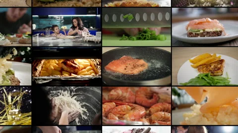 Collage video of home chefs preparing delicious meals in the kitchen. Video stock 307075280