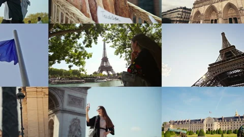Collage of video landmarks of Paris with Eiffel Tower Arc de Triomphe Stock Footage 317899841